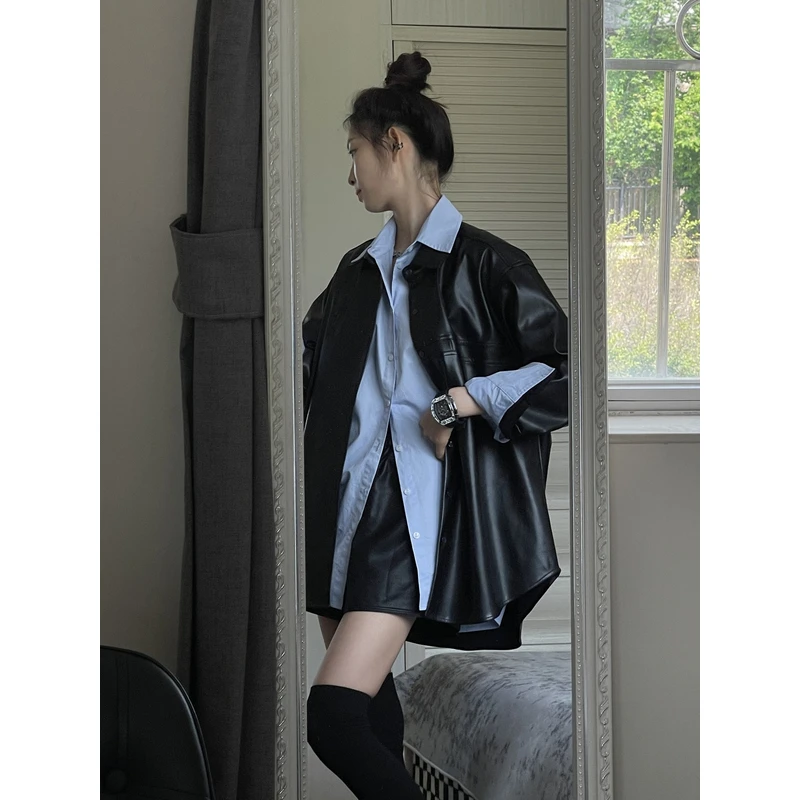 FREEDMST黑色皮衣女2025秋冬新款宽松显瘦简约机车风pu皮夹克外套