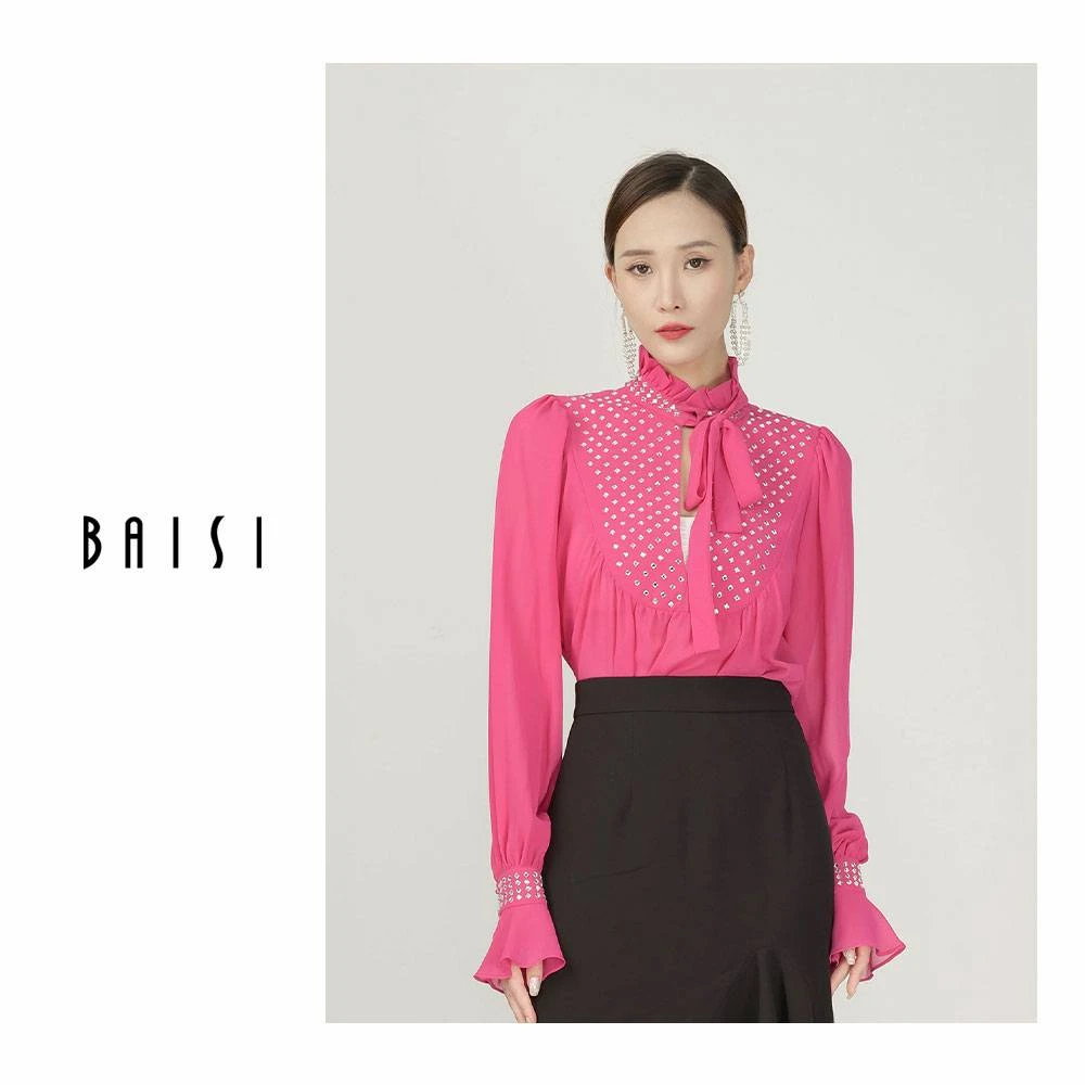 BAISI/百丝洋气时尚衣服法式优雅气质衬衫立领系带修身长袖上