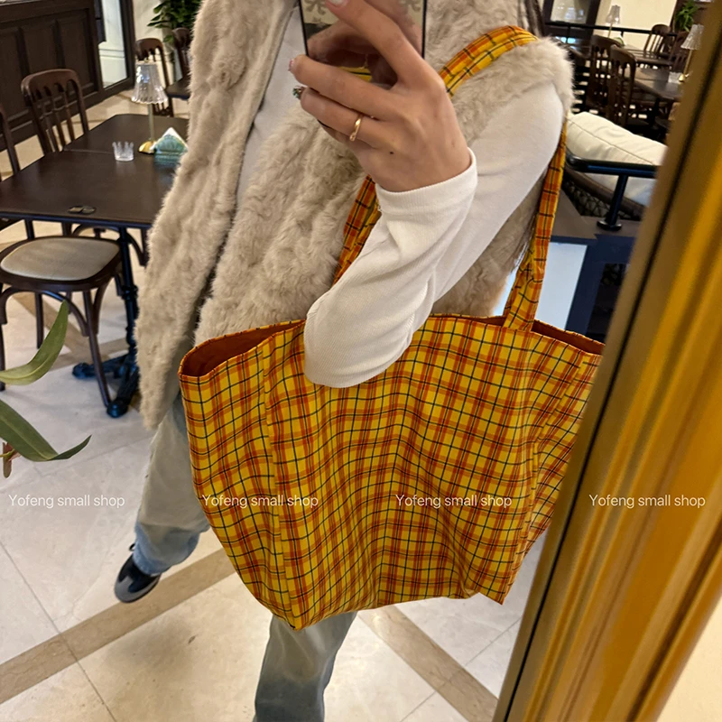 【Sun·studio】松弛感双面oversize！黄色格纹帆布包通勤上课巨能装