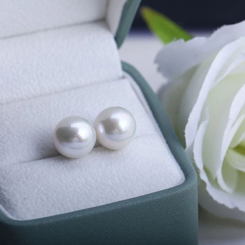 11-12mm天然淡水爱迪生圆珍珠耳钉（有微生长纹）（多样性发一）