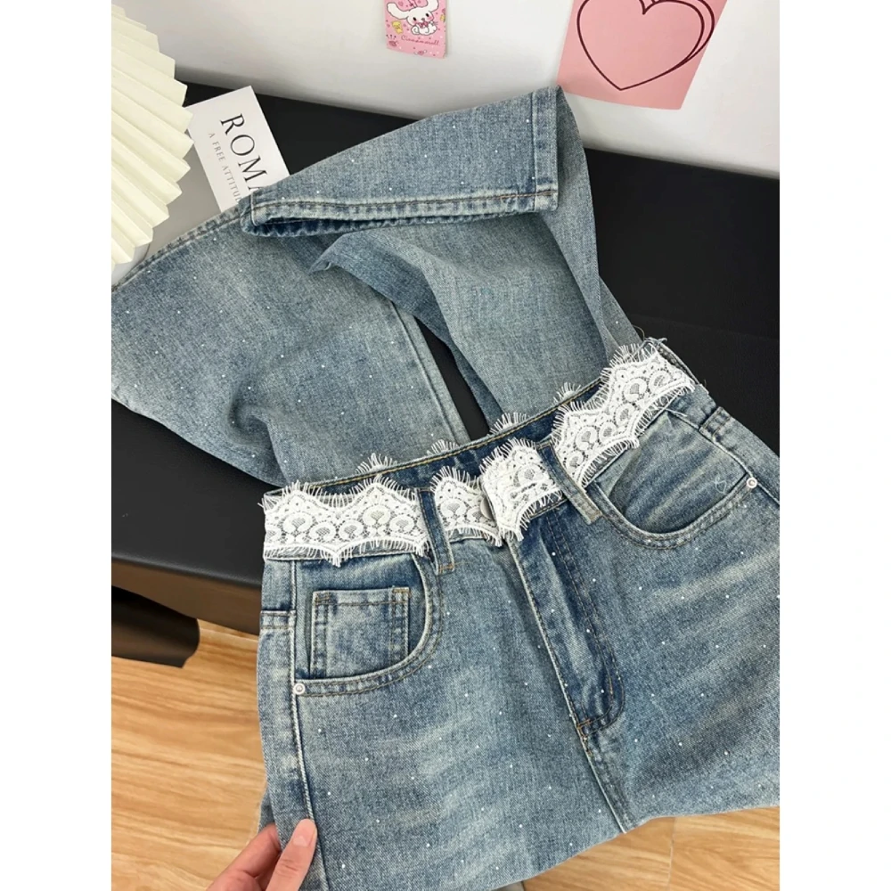 美式复古蕾丝腰小闪钻牛仔裤女2025春季新款设计感直筒宽松阔腿裤