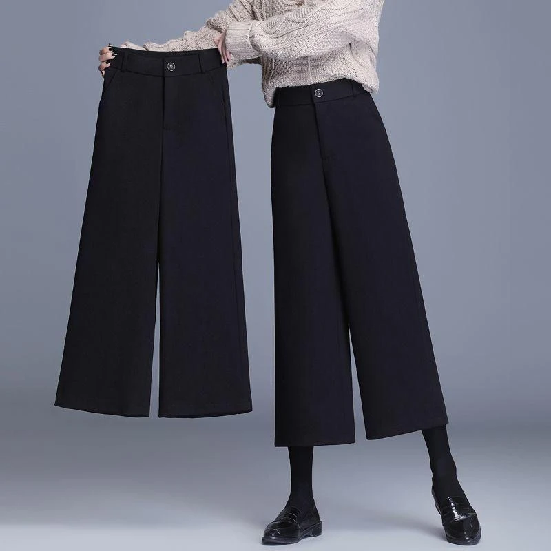 高腰阔腿裤秋冬休闲裤八九分阔腿裤百搭纽扣提臀韩版