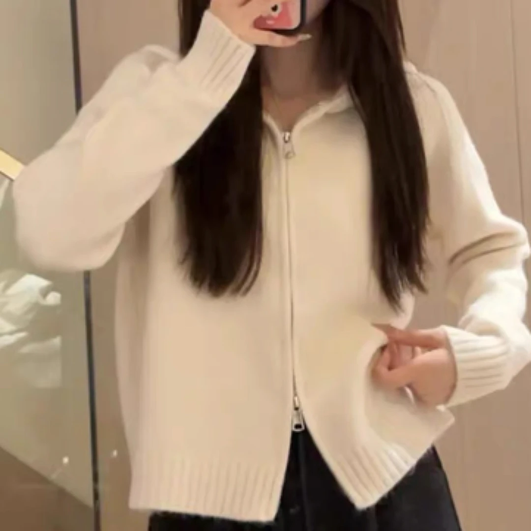 【现货】慵懒风连帽杏色毛衣外套女秋冬季新款高级感开衫针织上衣