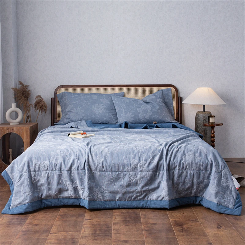 【晴美】全棉三层提花色织水洗棉夏被-馥香系列-深蓝