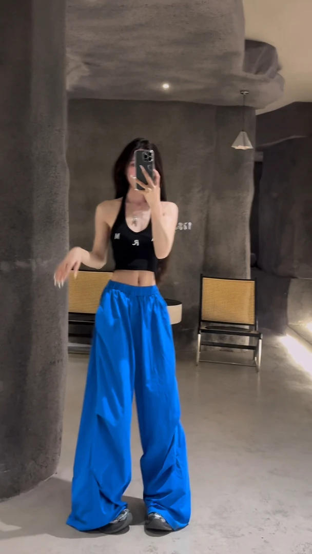 炸街酷飒拽姐蓝色裤子女美式松弛感小众设计休闲运动裤辣妹必买