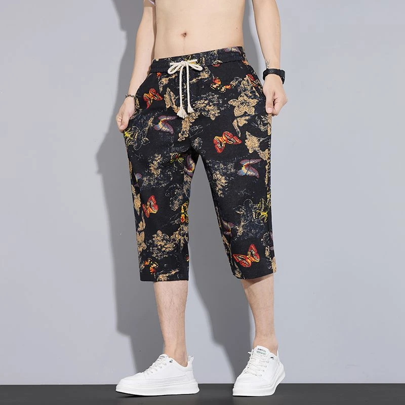 2025夏季男士中裤印花七分裤夏季透气休闲裤五分沙滩纯欲风法式