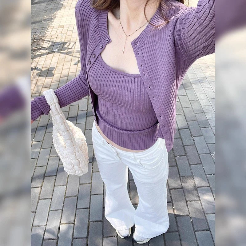 早秋穿搭一整套女2025新款韩系纯欲辣妹针织开衫背心牛仔裤三件套