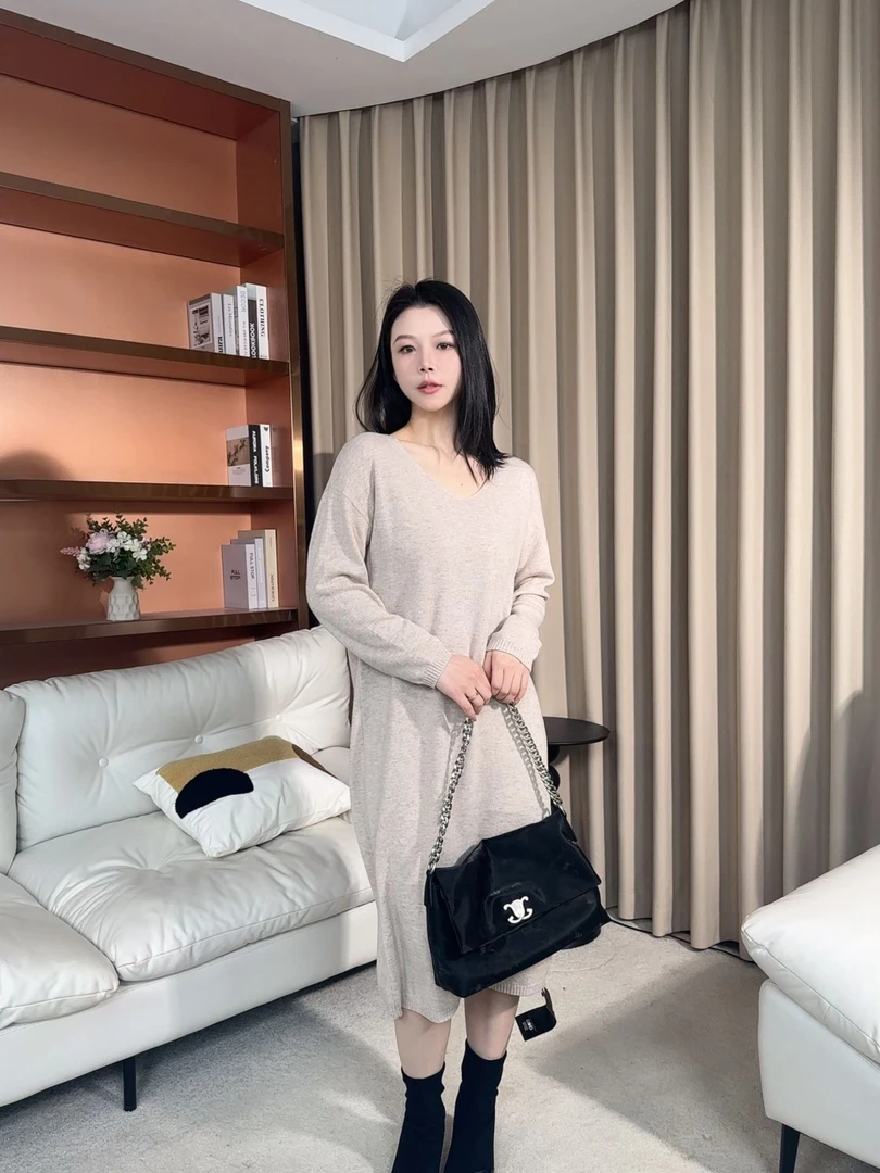 [易如意]长袖气质宽松休闲时尚羊毛中长款连衣裙