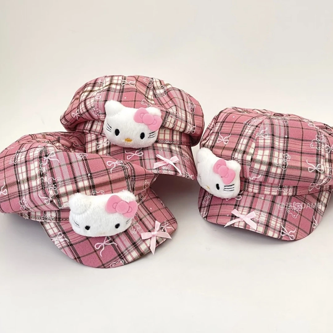 【艺凡】古早可爱Kitty格纹八角帽女显脸小鸭舌帽甜美百搭贝雷帽