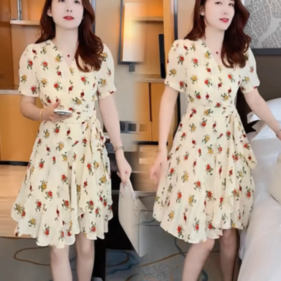 2452#【裤长95】V领碎花连衣裙夏季新款收腰显瘦小个子中长裙
