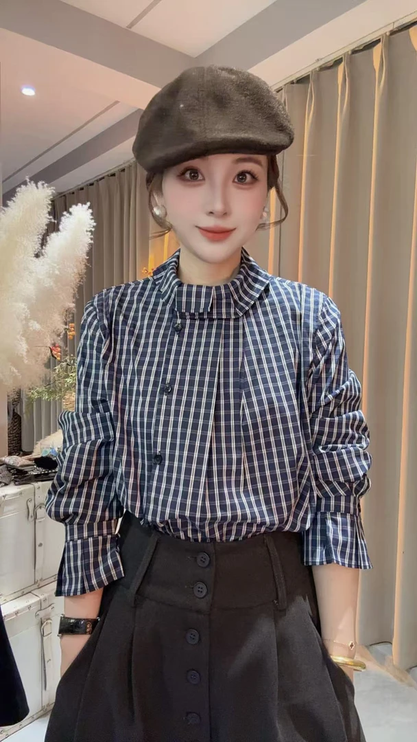 HUIHUI 设计感立领格子衬衫