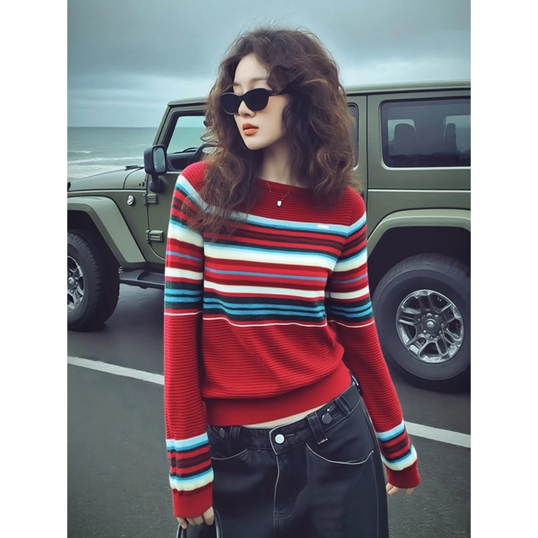 2025冬季高级感超好看软糯慵懒风减龄独特松弛感撞色条纹针织衫女