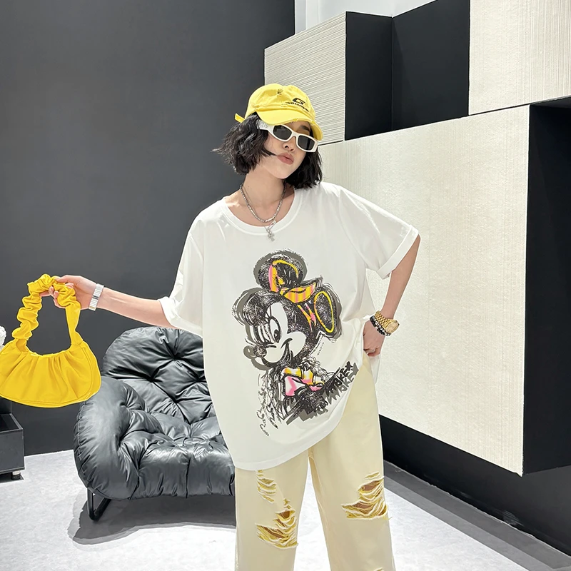 大码女装圆领短袖上衣胖mm220斤显瘦遮肉大版t恤女款爆款2025新款