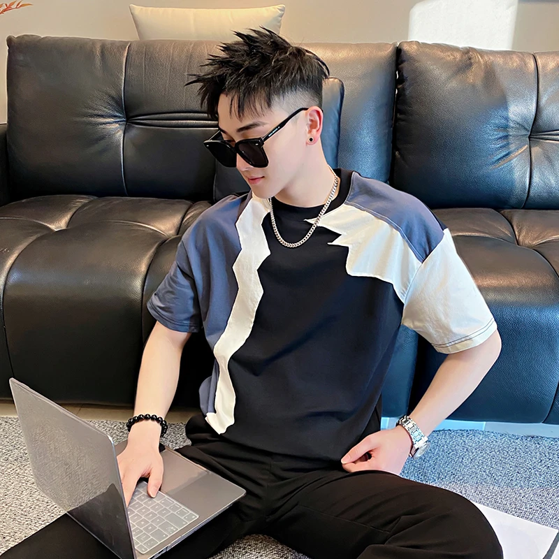 男士短袖t恤夏季设计感不规则拼接网红洋气炸街男装衣服圆领半袖