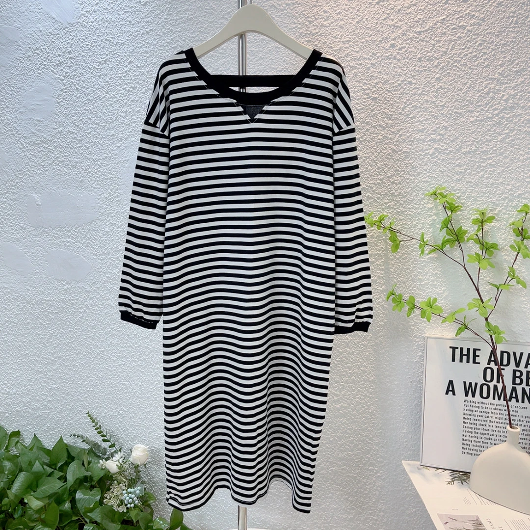 春秋季长袖睡裙女韩版宽松条纹家居服中裙薄款棉质美背款