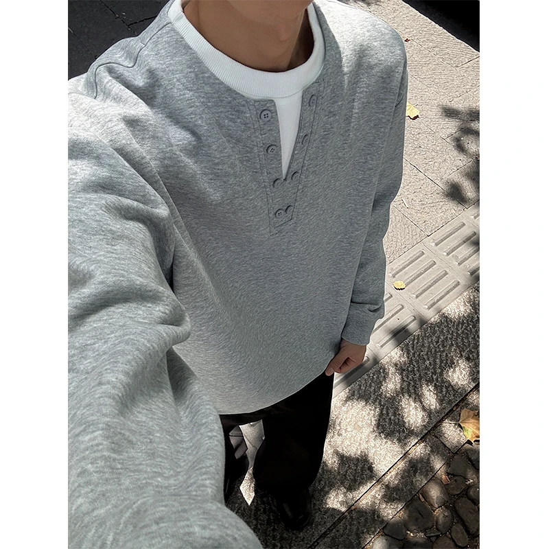 亨利领男士长袖t恤春秋美式风潮牌假两件宽松型设计感百搭打底衫