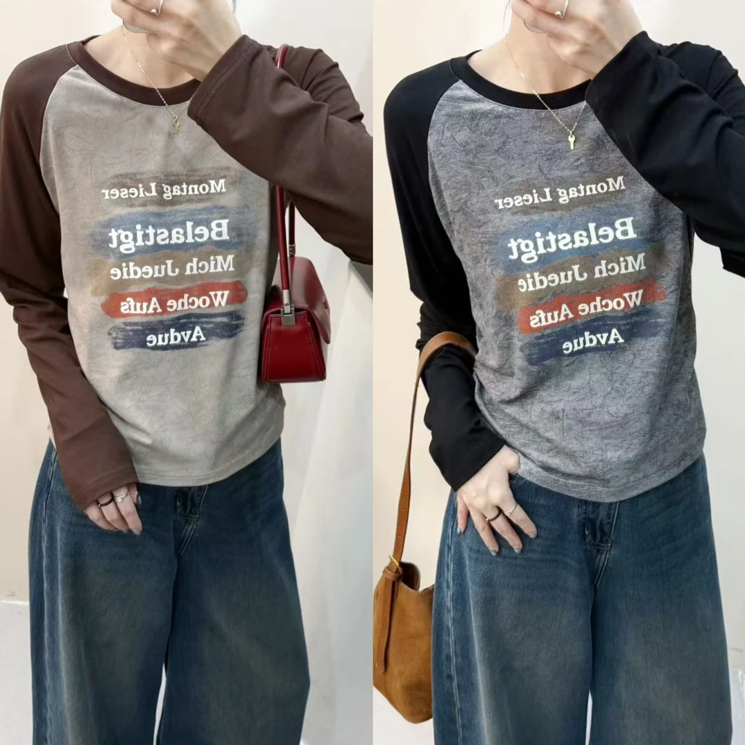 DMG3063撞色圆领彩色字母印花显瘦长袖T恤女简约百搭衣长52胸围92