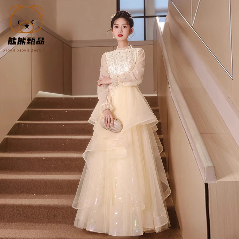 气质仙气优雅高贵轻奢小众显瘦长款晚礼服香槟色连衣裙年春季br