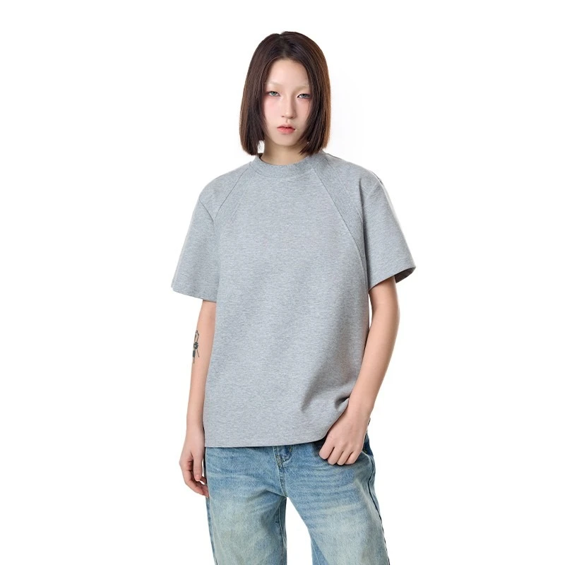 美式复古拼接正肩T恤男女夏季重磅cleanfit短袖小领口纯色半截袖