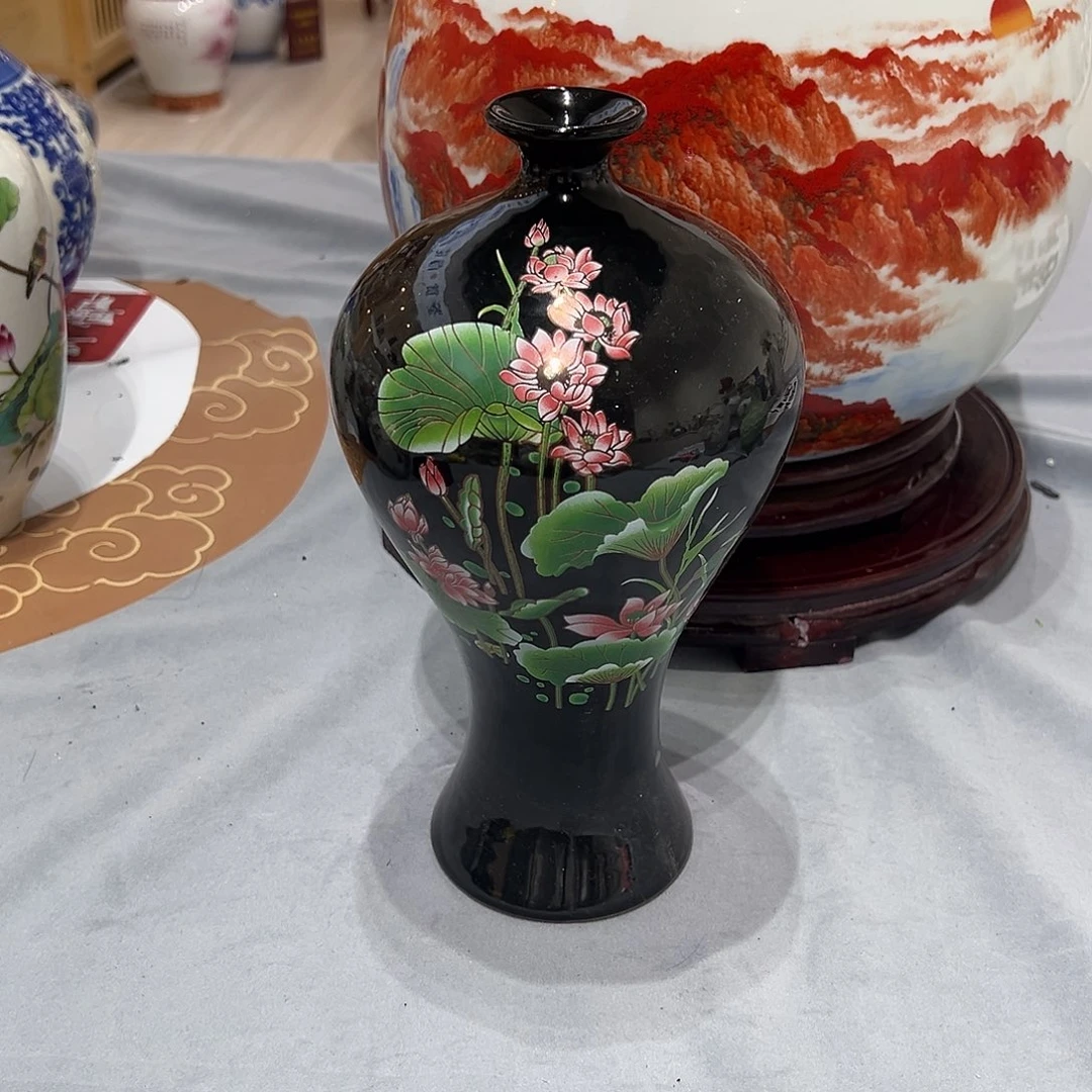 摆件25cm黑色荷花梅瓶