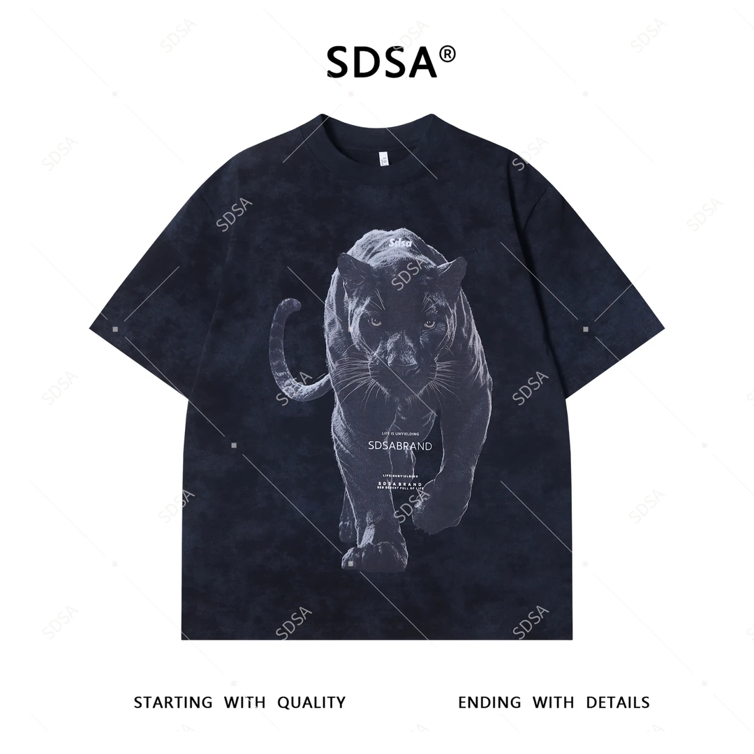 夏季高级感新款男士扎染豹子字母印花短袖T恤高街嘻哈圆领上衣