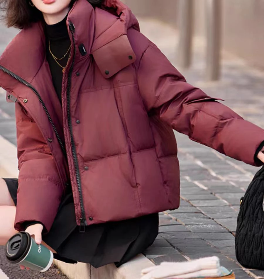 6618-6-DQ暗红色连帽短款加厚外套