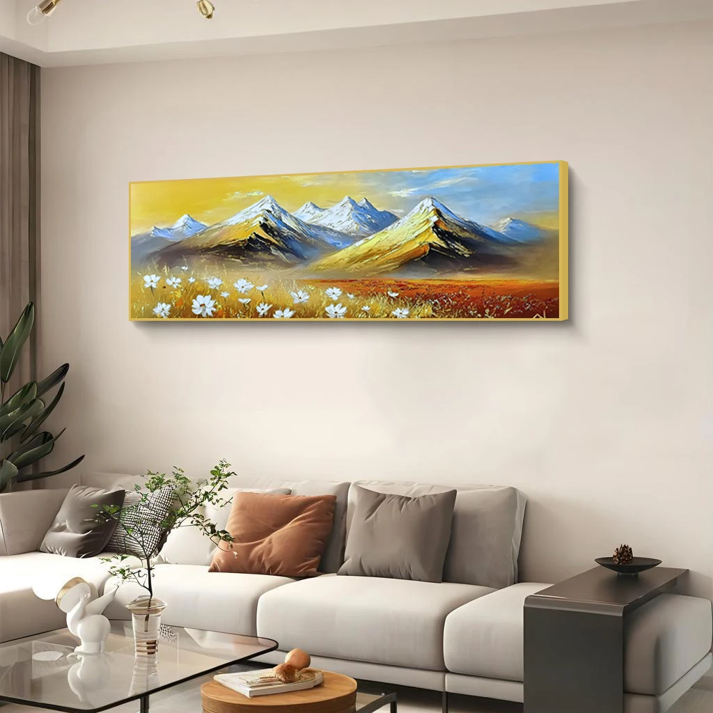 现代轻奢皮革18K烫金客厅装饰画沙发背景墙画高级感日照金山60180
