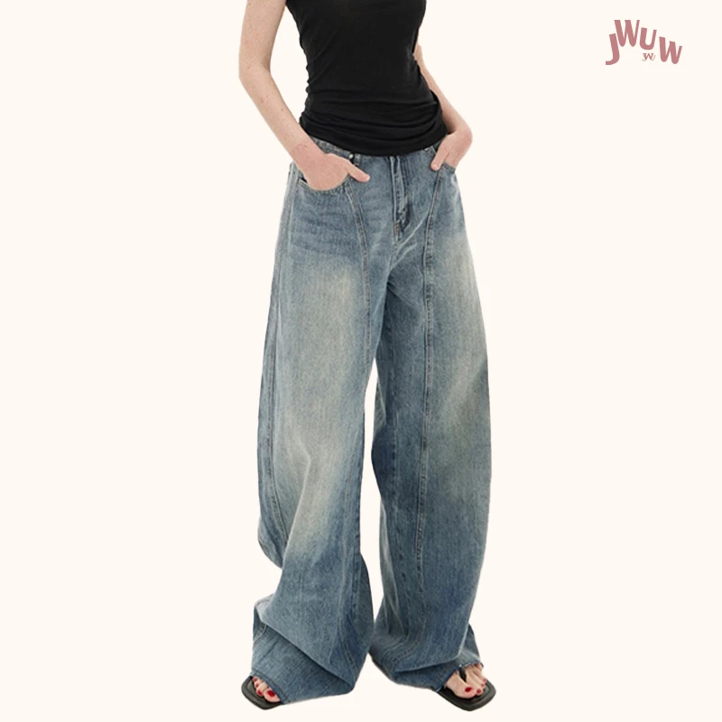 JWUW美式复古高腰宽松阔腿牛仔裤女百搭垂感拖地毛边加绒弯刀裤