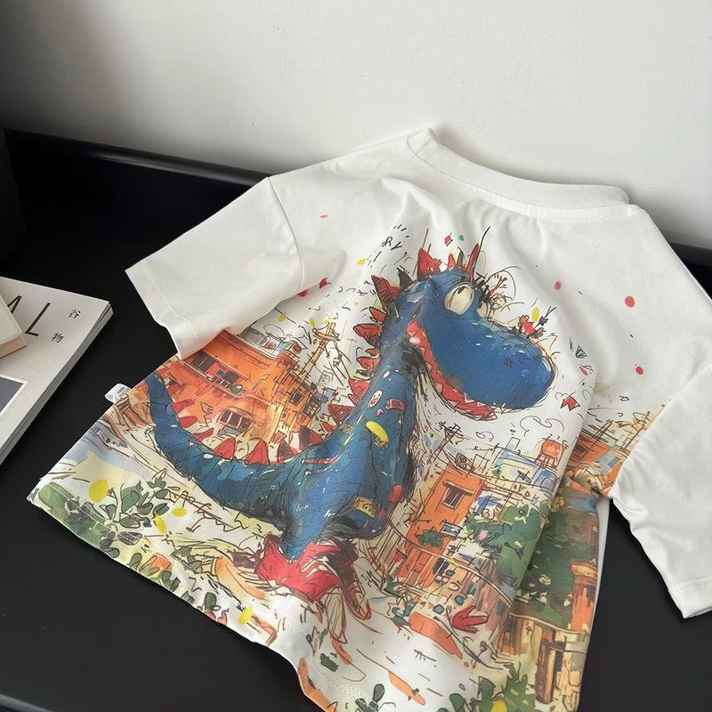 儿童短袖夏季新款宽松t恤满背水印恐龙印花上衣2025潮酷男童衣服