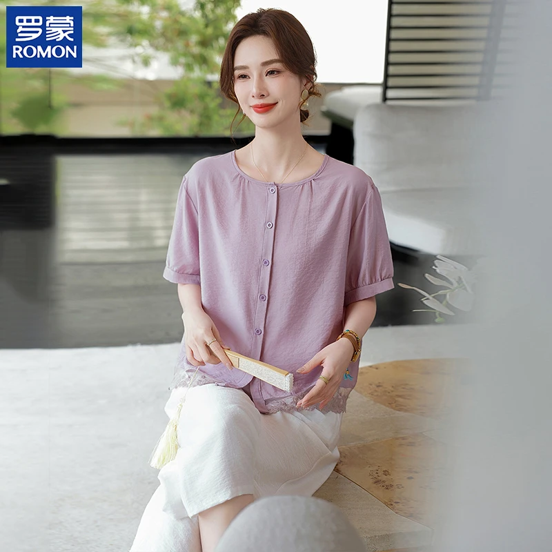 罗蒙新款妈妈夏装休闲套装中年女士纯色圆领短袖小衫中老年两件套