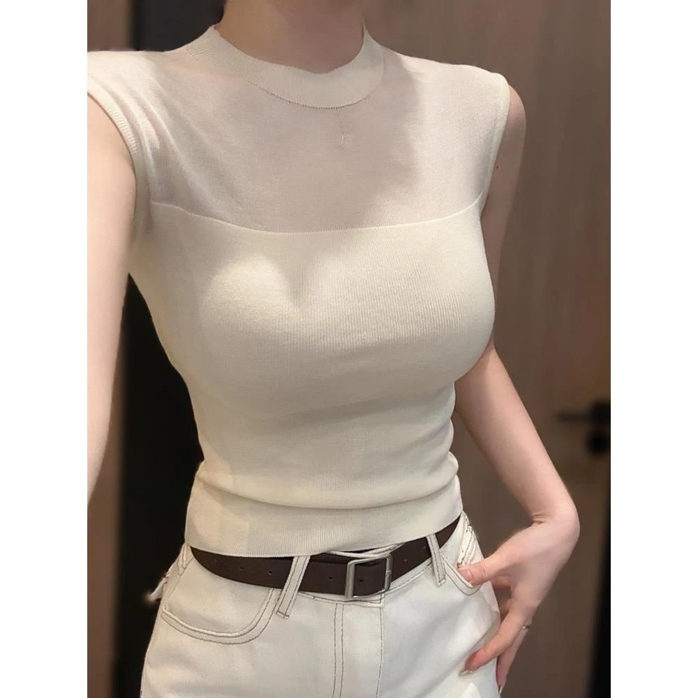 2025夏季新款纯欲风无袖时尚洋气毛针织衫女气质拼接网纱减龄上衣