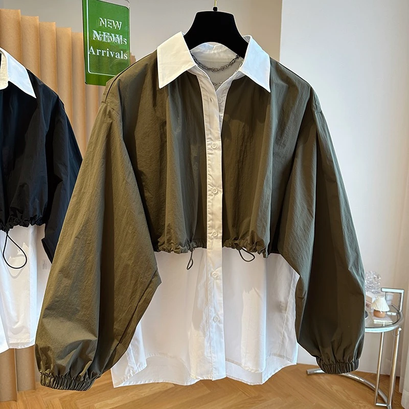轻奢小众设计感宽松休闲撞色拼接假两件衬衫女春季长袖中长款衬衣