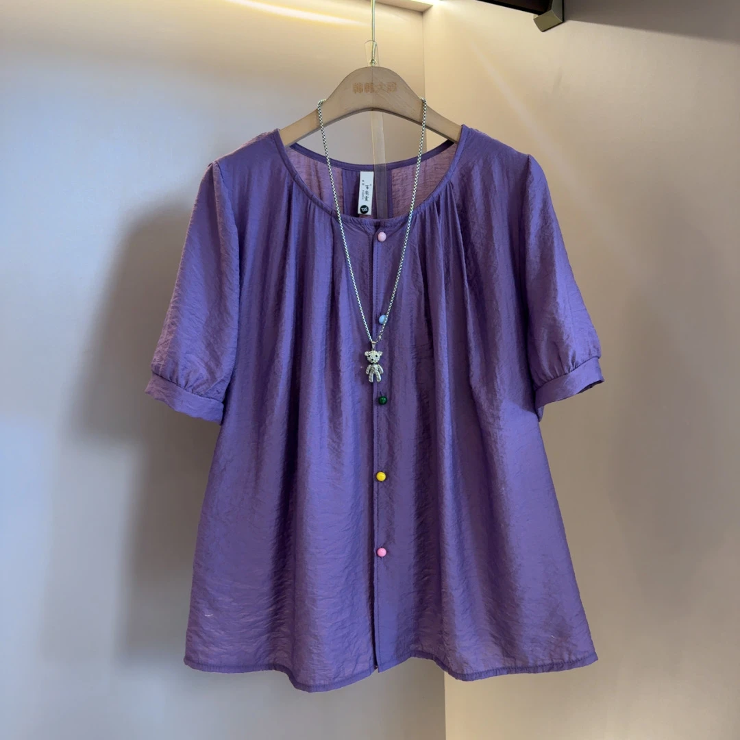 圆领彩色纽扣短袖上衣宽松遮肚子夏季款纯色休闲小衫