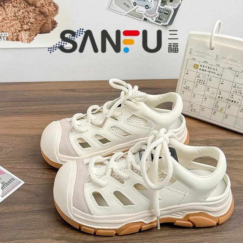 三福小众镂空运动凉鞋女2025新款外穿软底罗马沙滩透气丑萌登山鞋