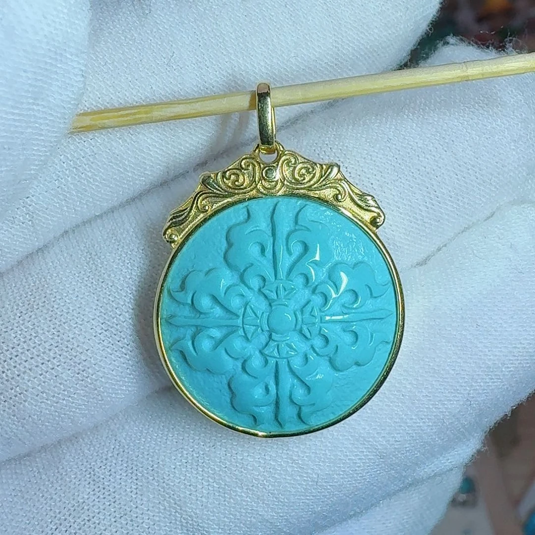 绿松石18K金镶嵌珠宝奇石精品高瓷蓝十字金刚杵吊坠