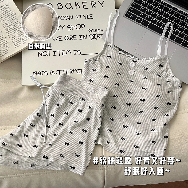 夏季莫代尔带胸垫蝴蝶薄款吊带上衣短款夏季睡衣休闲家居服套装