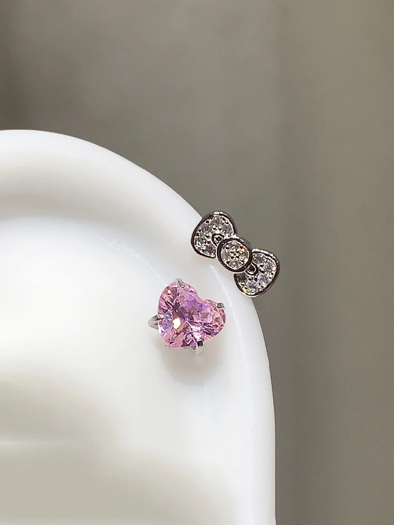 钛钢耳饰 可爱kt锆石蝴蝶结马蹄环钛钢耳钉粉色爱心耳骨钉耳饰