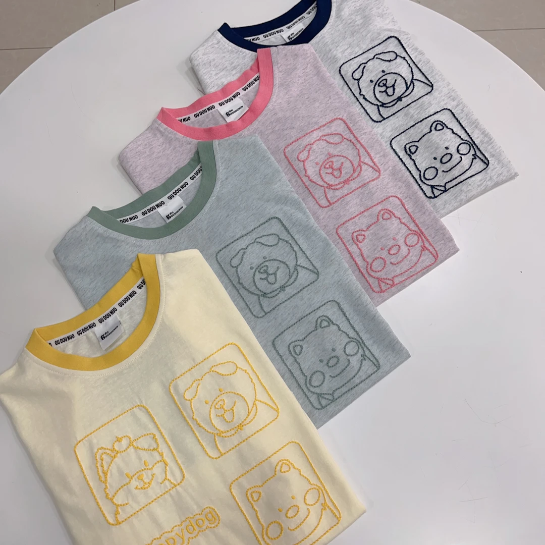 夏季新款 韩版 腊肠狗刺绣 亲子 男童女童 小中大童 圆领撞色短袖