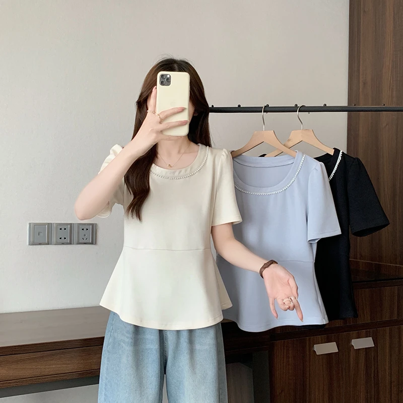 A正肩遮肚上衣胖mm大码女夏季时尚设计感圆领钉珠显瘦别致短袖T恤