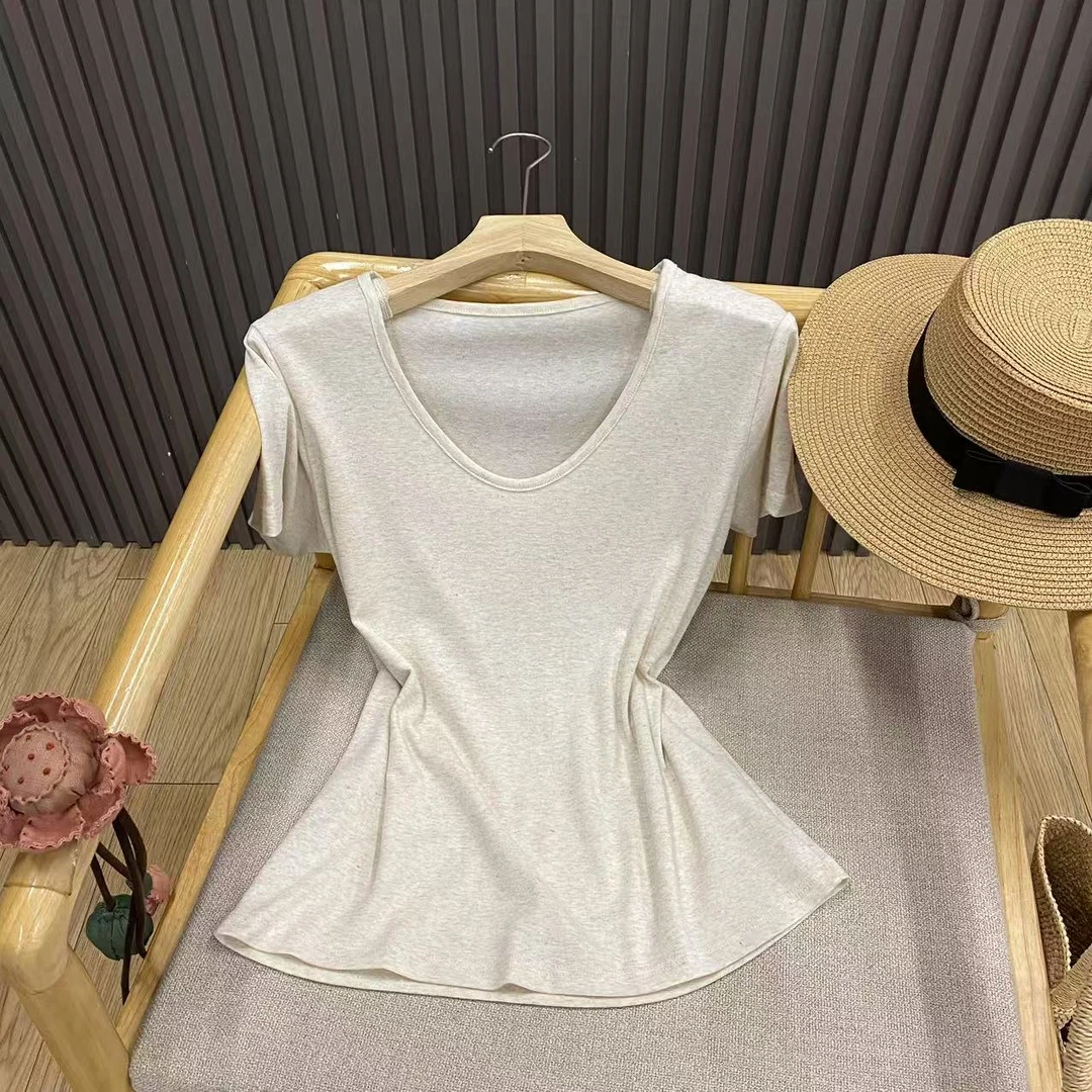 针织亚麻天丝鹅蛋领T恤套头简约百搭宽松显瘦纯色上衣女T9757