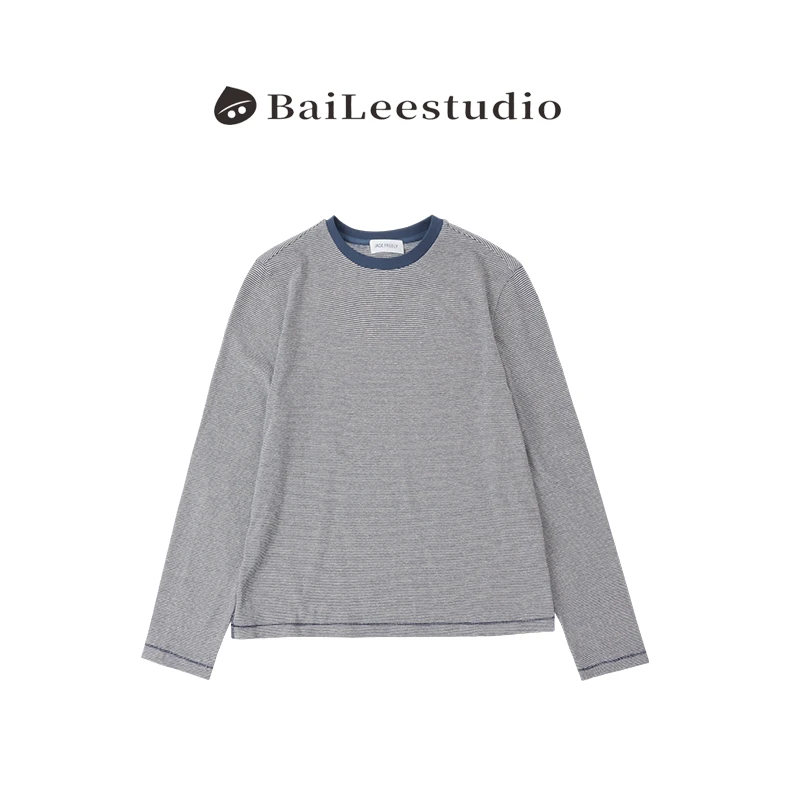 【柏栗良品】2025秋季新品~简约领口撞色细条纹百搭长袖T恤325071