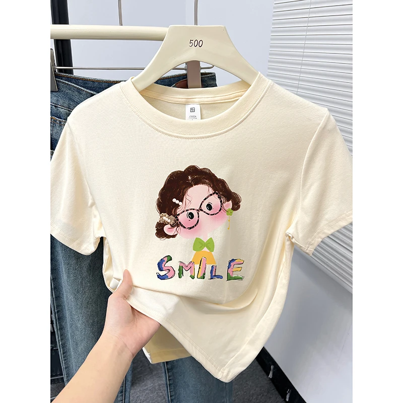 杏色圆领洋气印花短袖t恤女夏新款韩版小个子百搭正肩显瘦上衣ins