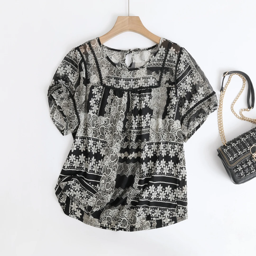 夏季新款蕾丝碎花宽松透气雪纺短袖上衣加大码