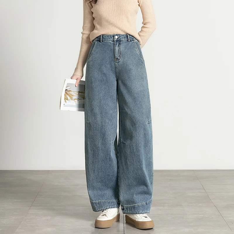 新款复古蓝直筒牛仔裤女摩登立体设计宽松显瘦休闲裤流行潮牌女装