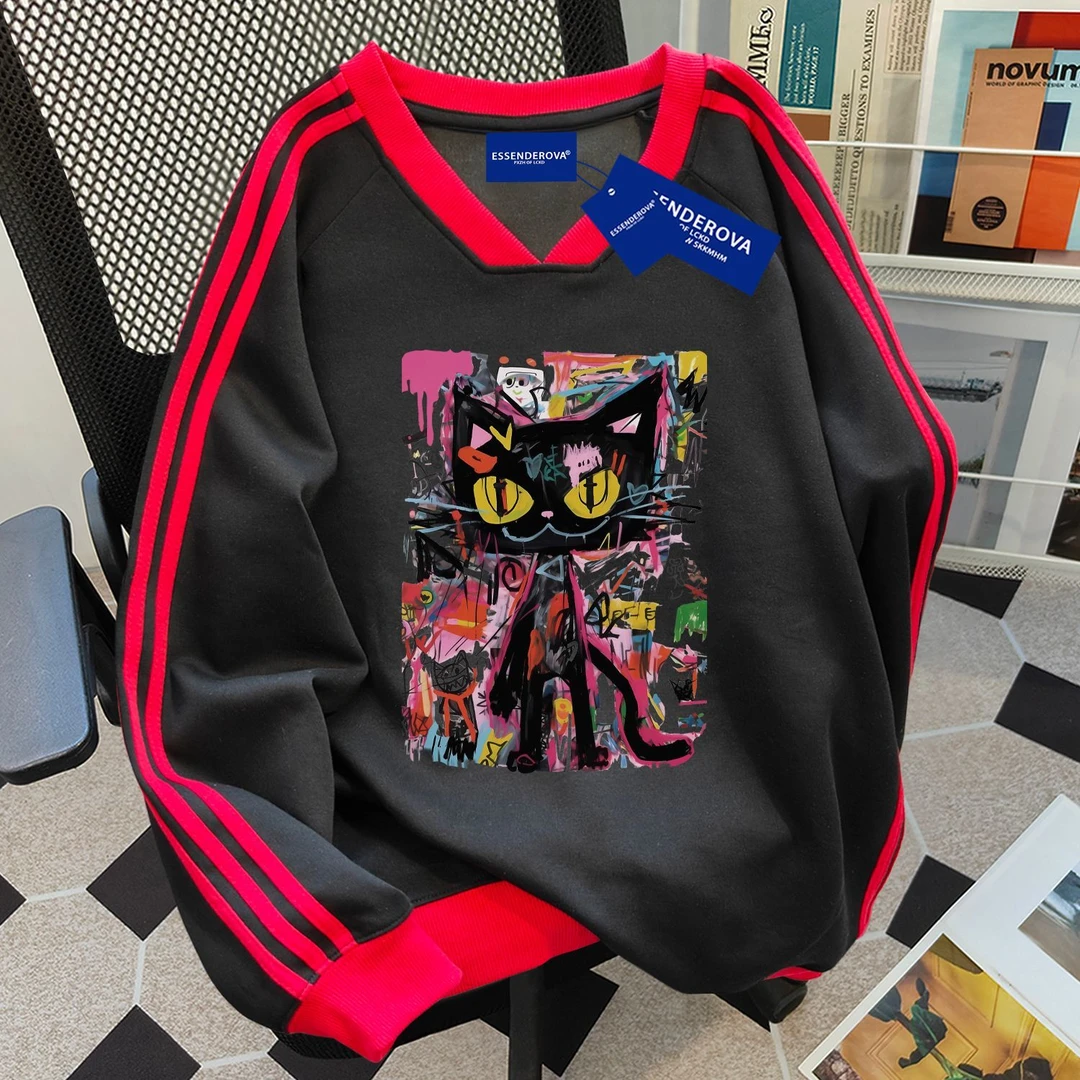 美式个性小众街头拼接V领卫衣女秋冬季宽松显瘦加绒加厚休闲上衣