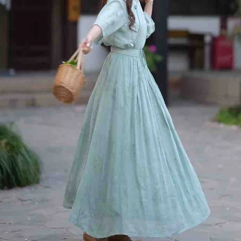 复古苎麻内里包边重工刺绣小枫叶双层半身裙女夏新款