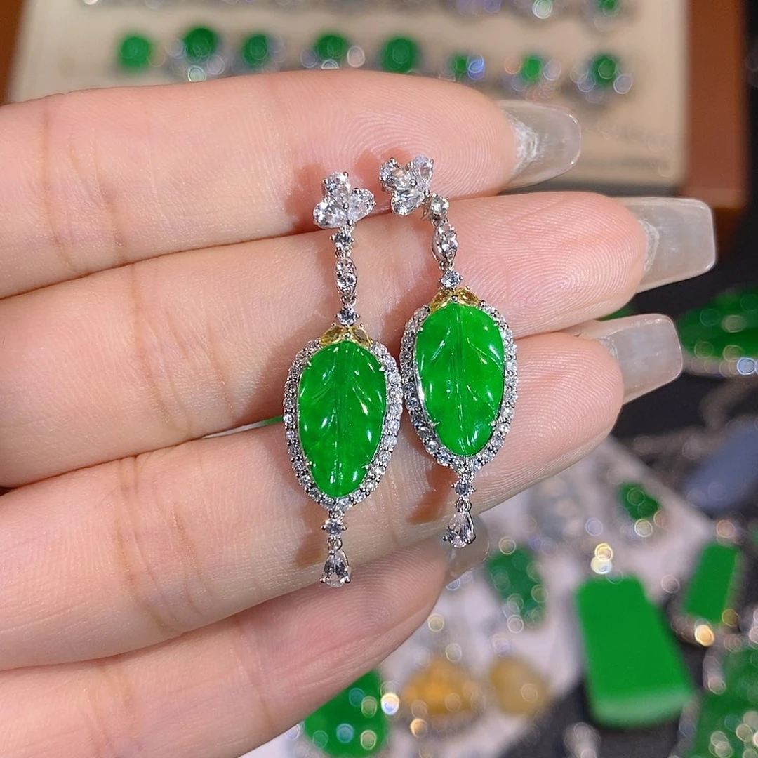 翡翠18K金镶嵌吊坠(不含链)叶子耳坠