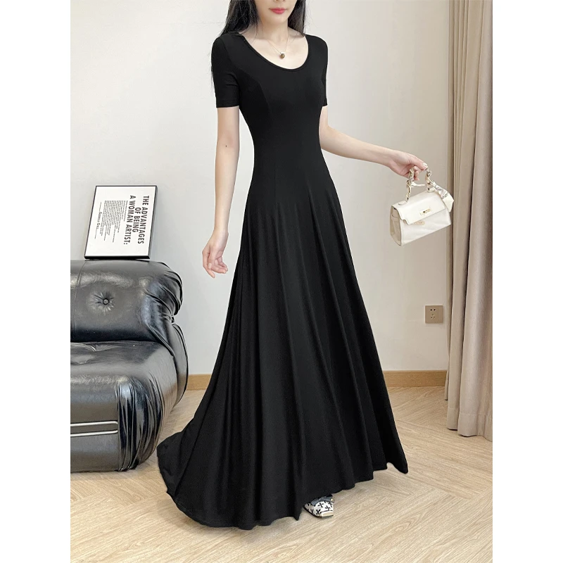 连衣裙夏季轻奢高级感修身显瘦莫代尔超长款加长版收腰赫本风长裙