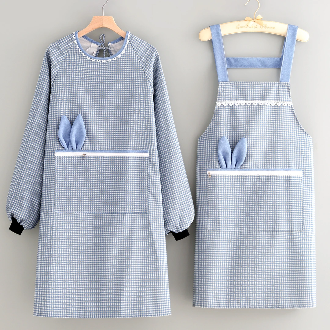 时尚帆布罩衣围裙厨房家用防污耐脏围腰女洋气韩版长袖工作服耐脏