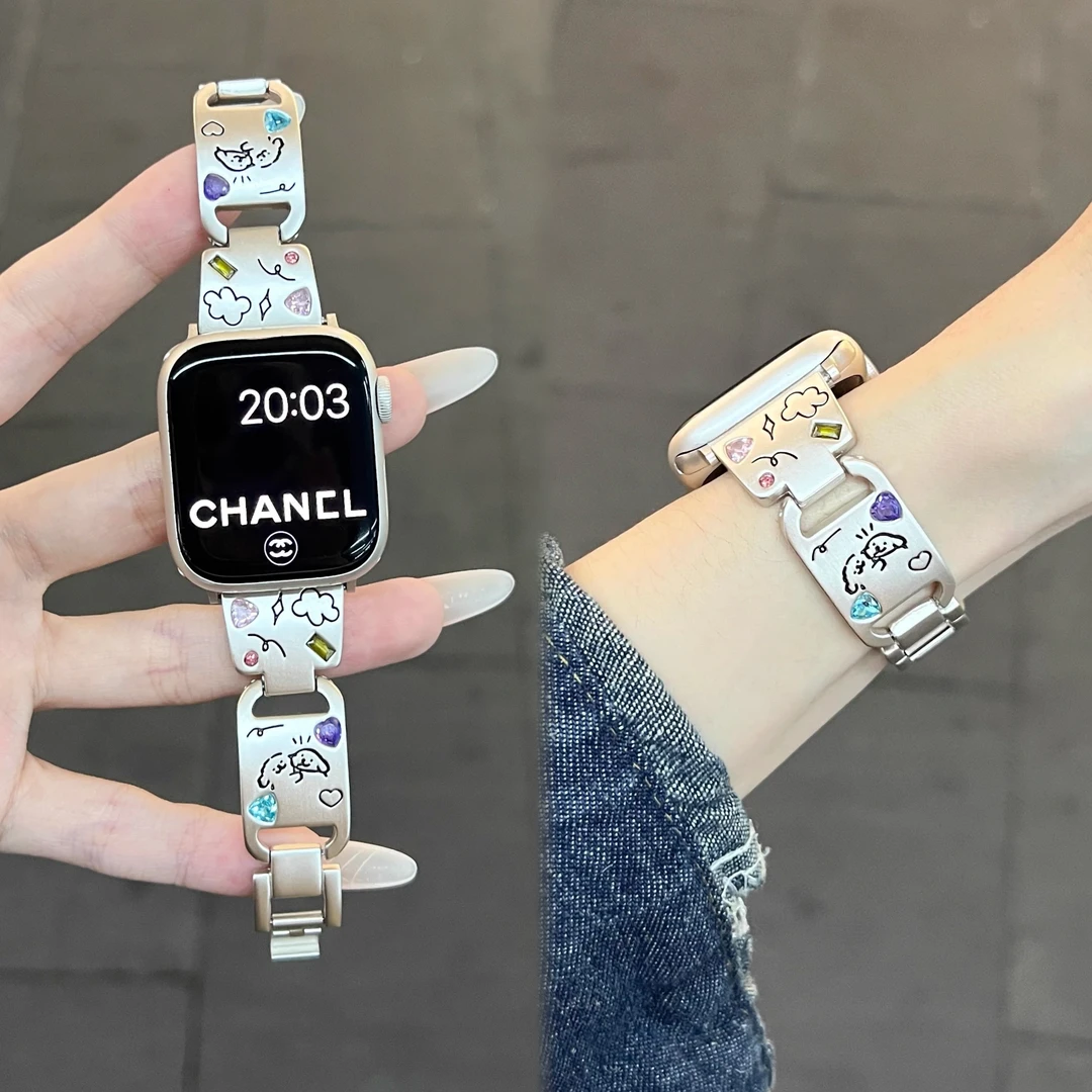 适用于苹果手表iwatch10/9表带夏季新款可爱小狗金属表带SE代通用